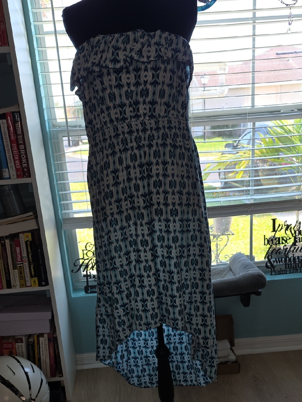 Strapless Blue Patterned Midi Dress